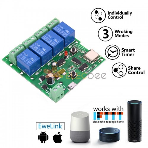 EACHEN ST-DC4 WiFi 4-way Relay Module Inching Momentary/Self-Locking/Interlock Switch Module Works with Amazon Alexa - Wifi