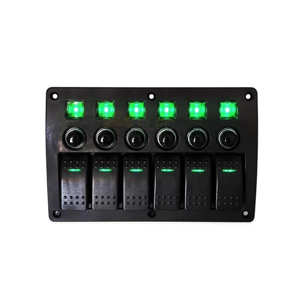 Panel de control de energía eficiente de 6 interruptores para vehículos recreativos y uso marino DC12-24V con protección contra sobrecarga (luz verde)