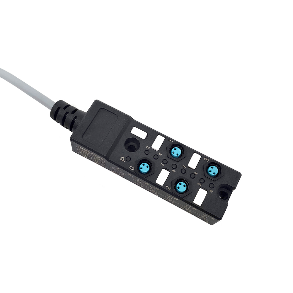 M8 スプリッター コンパクト 4 ポート デュアル チャネル NPN LED 表示ケーブル PUR/PVC グレー 5M