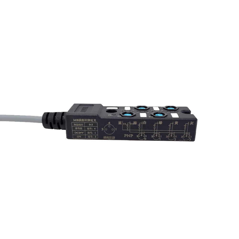M8 スプリッタ コンパクト 4 ポート シングル チャネル PNP LED 表示ケーブル PUR/PVC グレー 10M