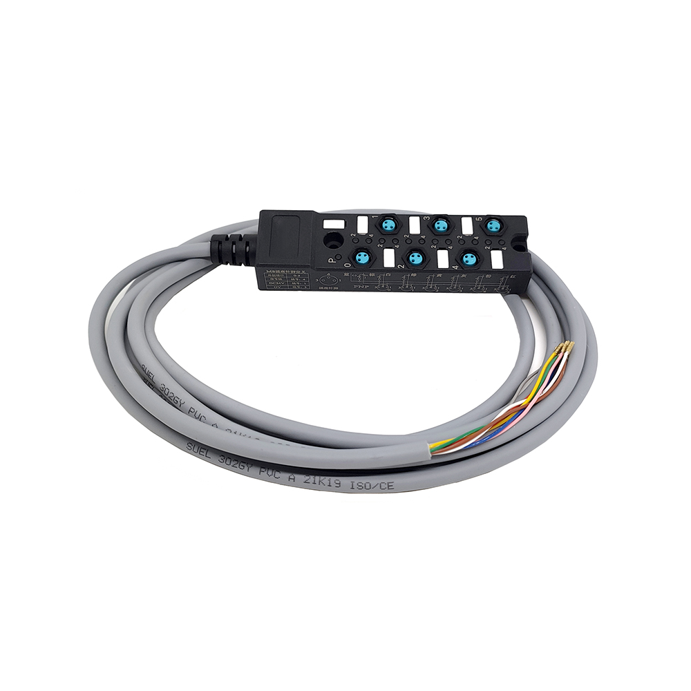 M8-Splitter, kompakt, 6 Anschlüsse, Einzelkanal, NPN-LED-Anzeigekabel, PUR/PVC, grau, 1 m