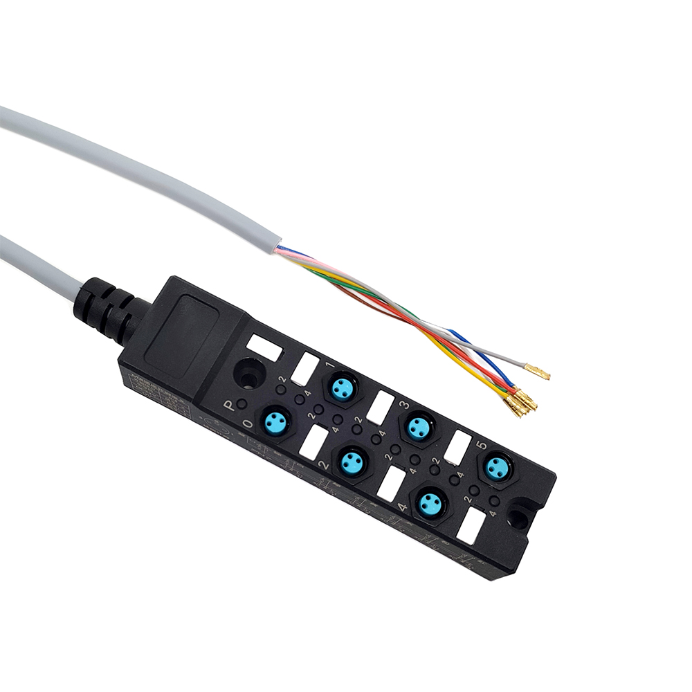 M8-Splitter, kompakt, 6 Anschlüsse, Einzelkanal, NPN-LED-Anzeigekabel, PUR/PVC, grau, 1 m