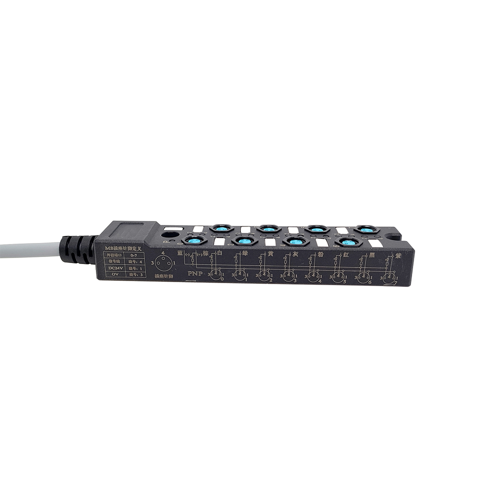M8 スプリッタ コンパクト 8 ポート シングル チャネル PNP LED 表示ケーブル PUR/PVC グレー 10M