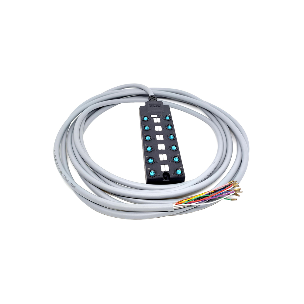 M8 スプリッタ ワイドボディ 12 ポート シングル チャネル NPN LED 表示ケーブル PUR/PVC グレー 10M