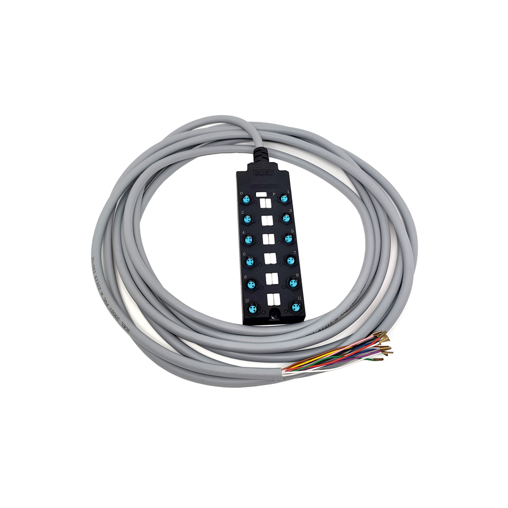 M8 Splitter Wide Body 12 Ports Single Channel PNP LED Indication Cable PUR/PVC Gray 10M