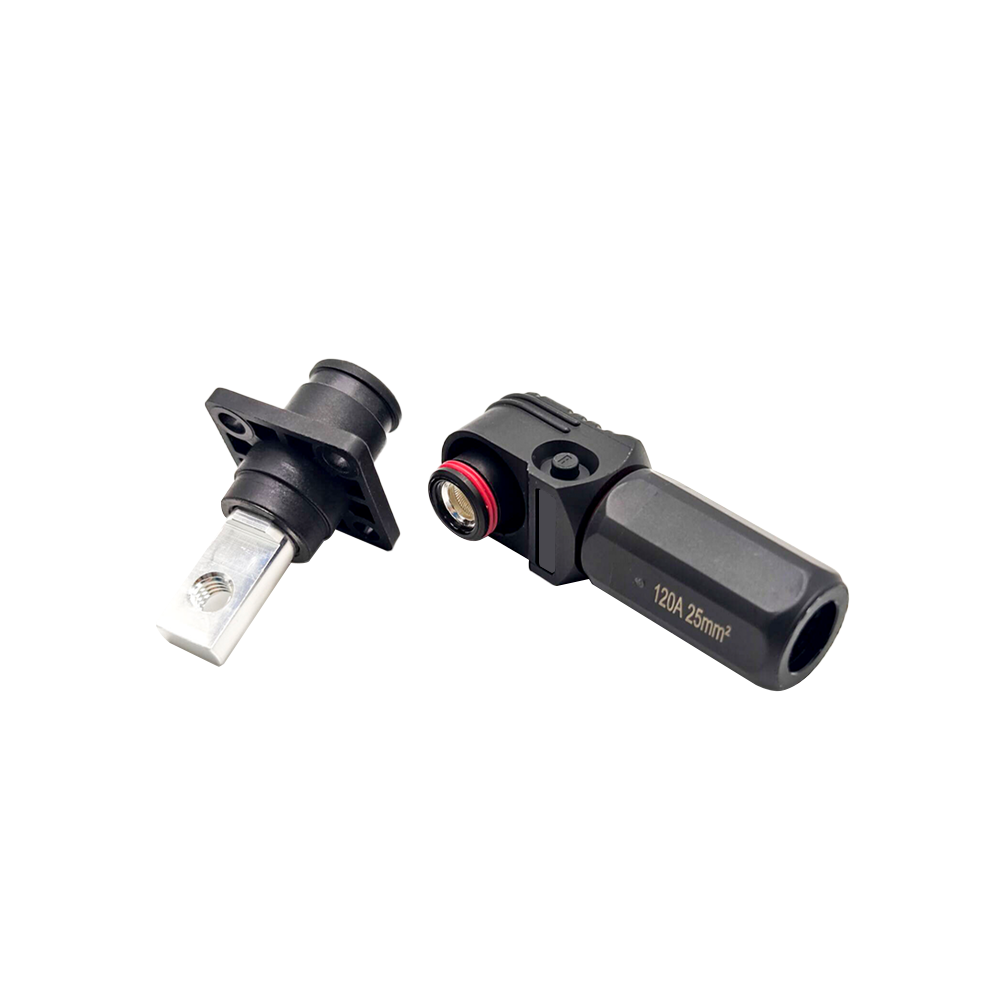 儲能連接器IP65彎式黑色120A帶孔銅牌6mm插頭插座一對 母插頭