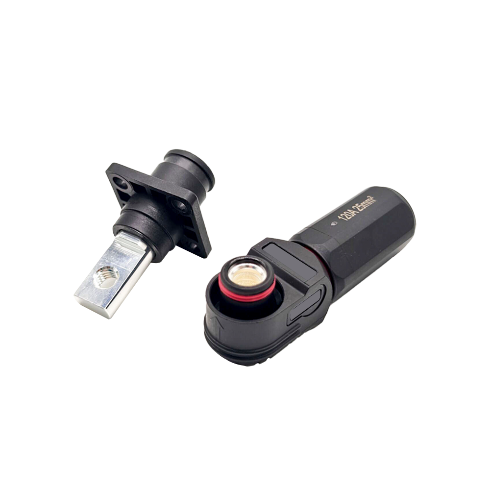 儲能連接器IP65彎式黑色120A帶孔銅牌6mm插頭插座一對 母插頭