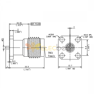 TNCA Male Straight Connector, 17.5mm / .687″ Square Flange, 1.5mm / .059″ Flat Pin