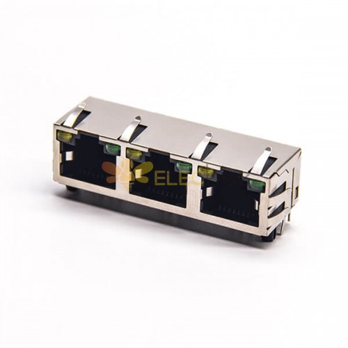 موصل الزاوية اليمنى RJ45 PCB Mount 8P8C 3 منفذ عبر الفتحة مع LED EMI 20 قطعة