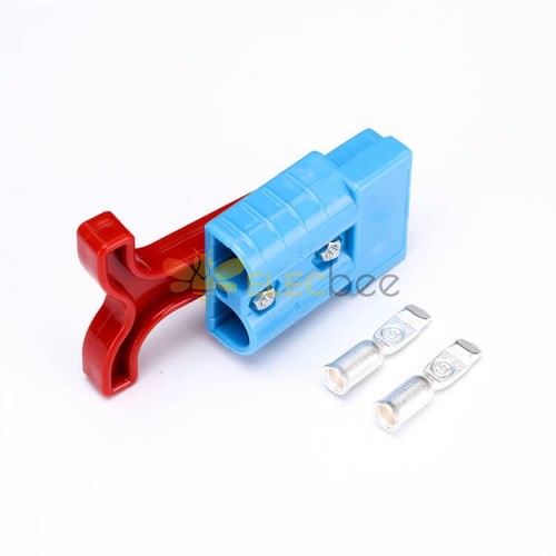 2 Way 600V 50Amp Blue Housing Battery Power Cable Connector with Red Plastic T-Bar Handle