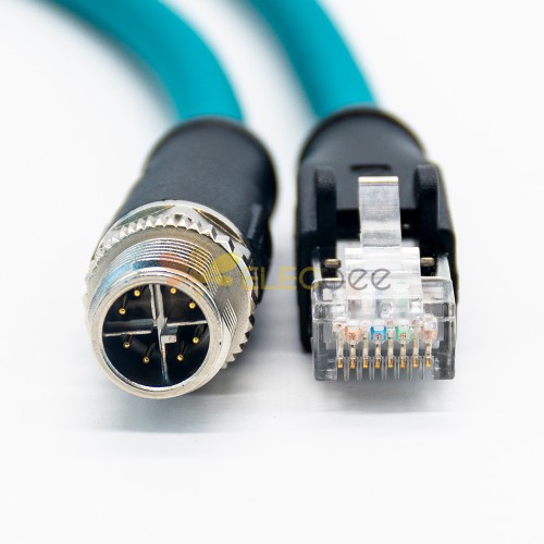 M12 X Coded To RJ45 Cable Assembly 180 Degree M12 8 Pin Male To RJ45 8P8C Male With Blue Plastic Cable 1M AWG24 1m