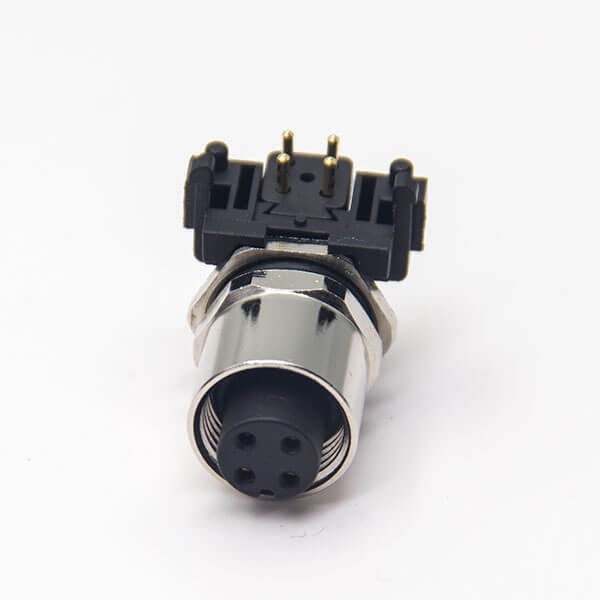 Conector M12 de 4 pines, orificio pasante de ángulo recto codificado, montaje en PCB hembra, resistente al agua, sin shiled