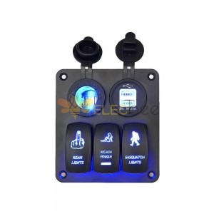 Painel de interruptor de alternância de 3 vias para carros com carregador USB duplo LED Power Display isqueiro luz azul