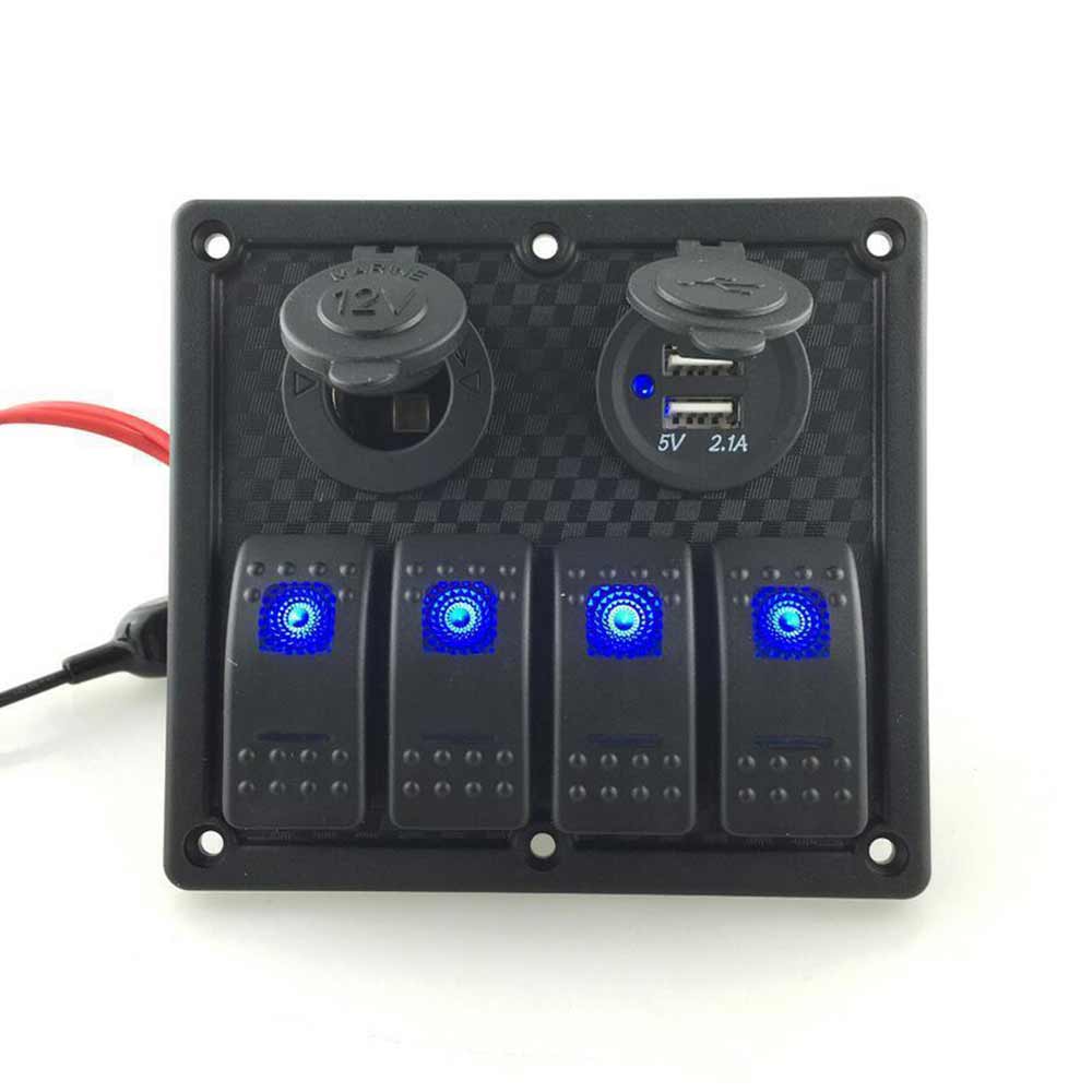 Painel de interruptor de luz de neblina de 4 gangues com controle de luz Carregador de carro USB Tomada de isqueiro à prova d\'água Adequado para luz LED azul de veículo