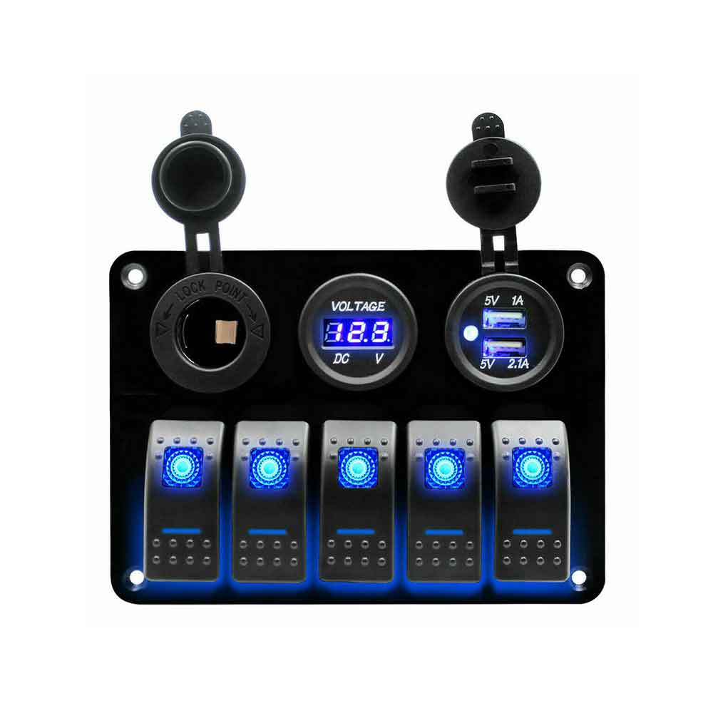 5-Position Waterproof Boat Style Switch Panel Combination Yacht Cruise Ship RV USB Charger Voltmeter LED Blue Light