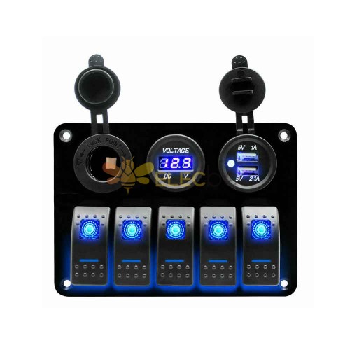 5-Position Waterproof Boat Style Switch Panel Combination Yacht Cruise Ship RV USB Charger Voltmeter LED Blue Light