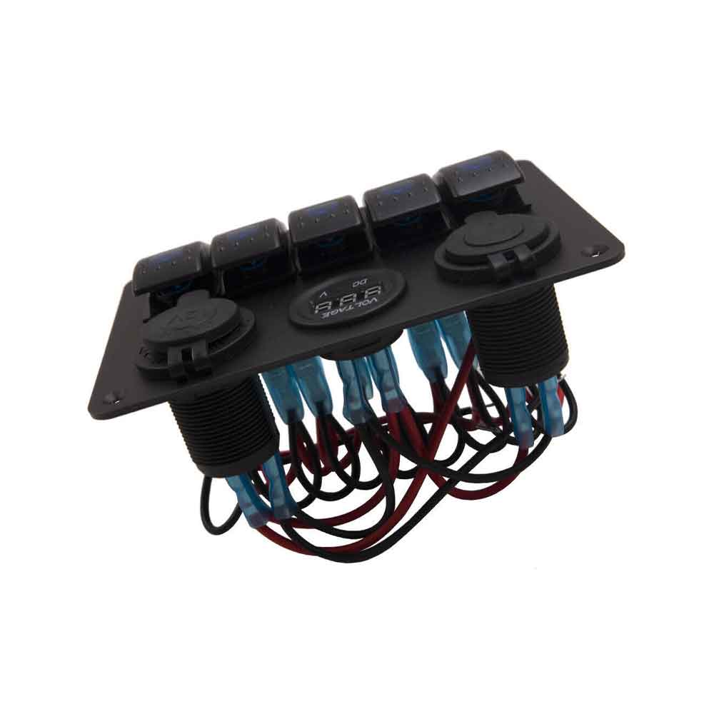 5-Position Waterproof Boat Style Switch Panel Combination Yacht Cruise Ship RV USB Charger Voltmeter LED Blue Light