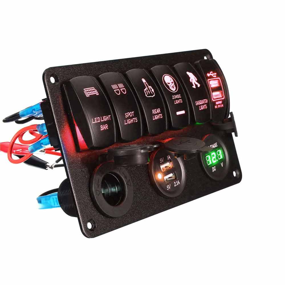 6 Gang Automotive Kippschalter Wippschalter Panel Zigarettenanzünder Dual USB Port Voltmeter Wasserdicht DC12V/24V Rotes LED-Licht