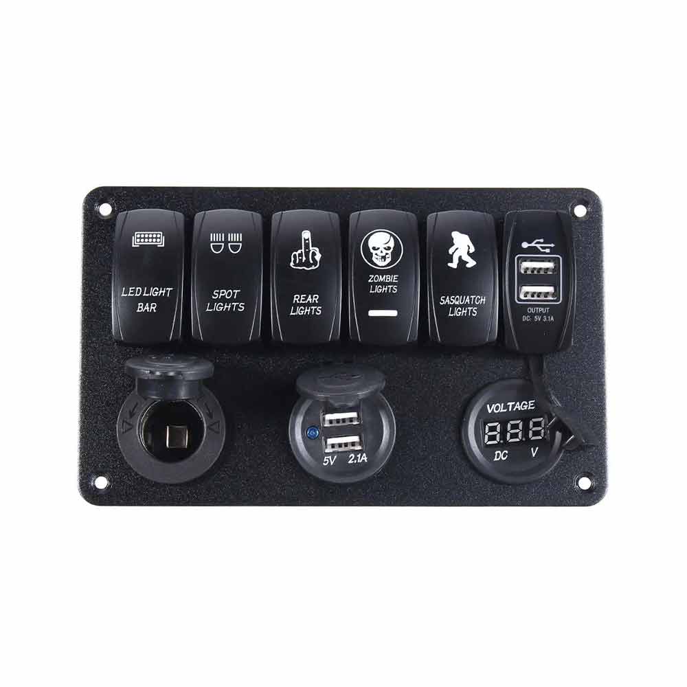 6 Gang Automotive Kippschalter Wippschalter Panel Zigarettenanzünder Dual USB Port Voltmeter Wasserdicht DC12V/24V Rotes LED-Licht