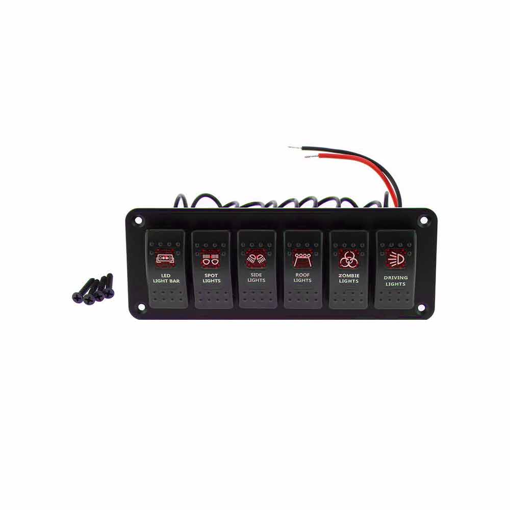 Panel de interruptor basculante de palanca automotriz de 6 bandas, Control de fuente de alimentación, impermeable, luz LED roja DC12V/24V