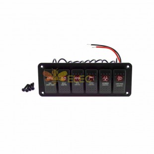 6 Gang Automotive Toggle Rocker Switch Panel Power Supply Control Waterproof DC12V/24V Red LED Light