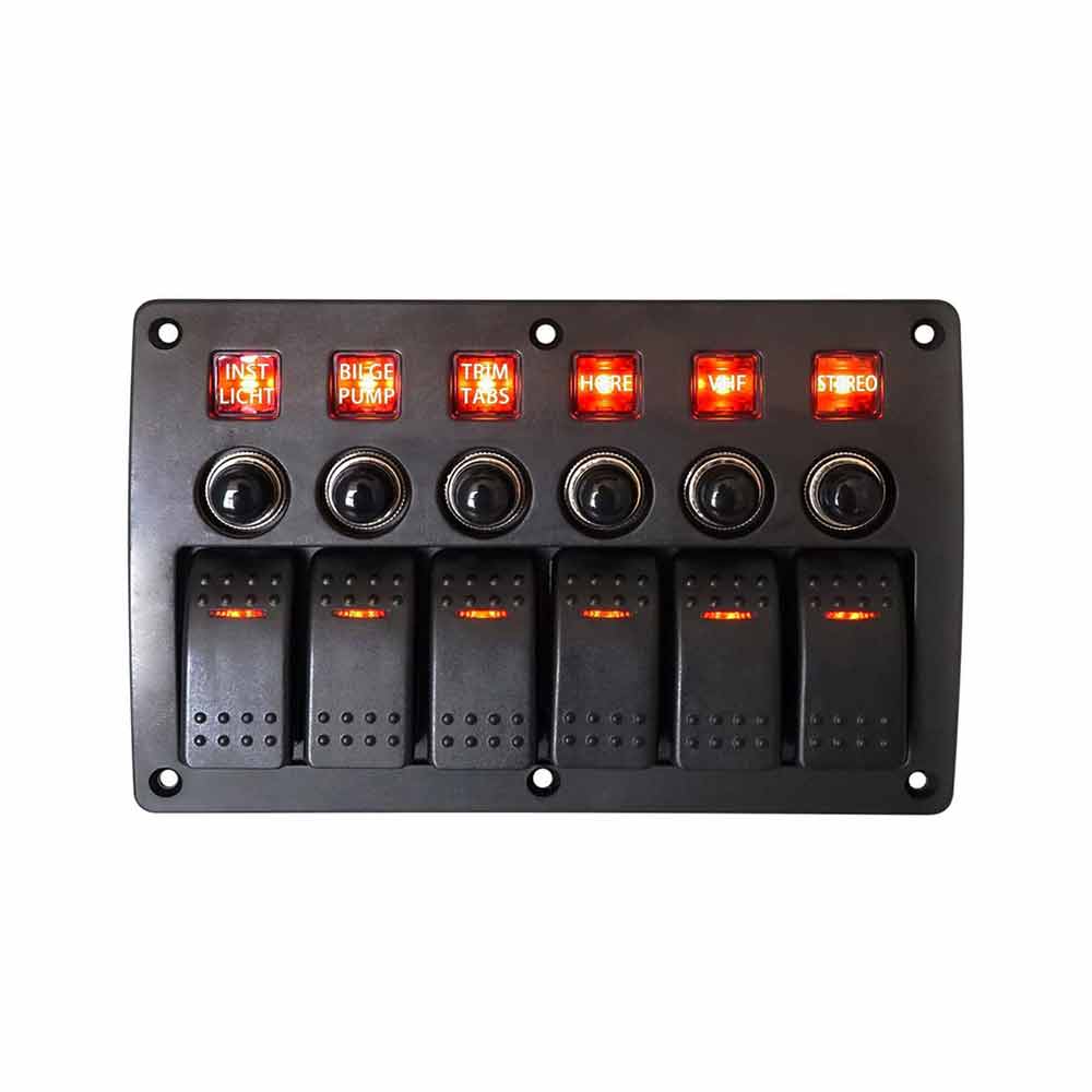 Panel de interruptor basculante para barco de 6 bandas, protección contra sobrecarga, Panel eléctrico para vehículo RV, 12-24V, rojo