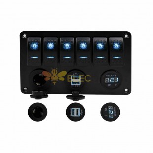 6 Gang Boat Rocker Switch Panel Voltmeter USB Power Marine Toggle Switches Blue LED