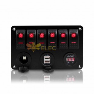 6 Way Car RV Truck Switch Panel Marine Toggle Switches Dual USB Voltmeter Red LED