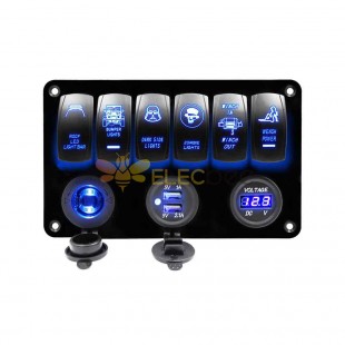 6 Way Multi-function Marine Toggle Rocker Switch Panel 12V 24V Blue LED Backlit