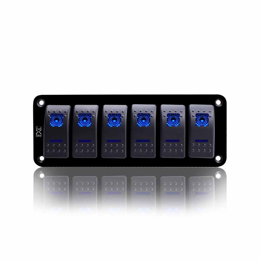 Panel de interruptor basculante de 6 vías para RV, coche, barco, yate, luces duales, Control de potencia, luz LED azul multifunción DC12V/24V