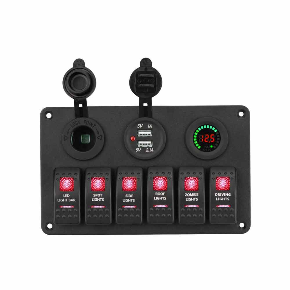 Panel de interruptor de 6 vías, carga USB Dual, encendedor de cigarrillos, voltímetro de barco de coche, pantalla a Color aplicable de 12-24V, pantalla Digital, Led rojo