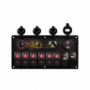 8 Gang Automotive Toggle Rocker Switch Panel Dual USB Power Supply Waterproof DC12V/24V Red LED Light