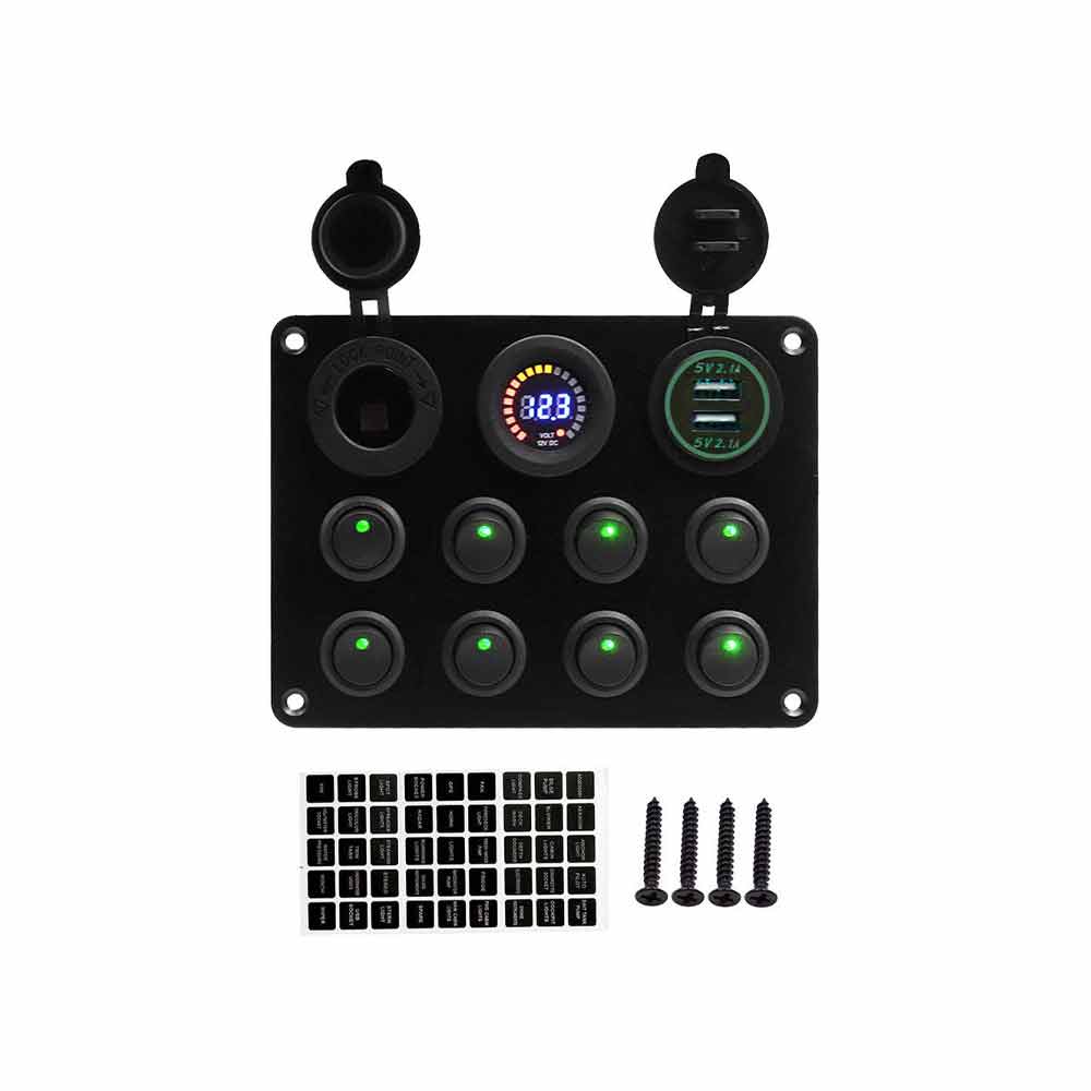 8 Key Cat Eye Rocker Switch Panel with Dual USB Voltage Display Cigarette Lighter for Cars RVs Yachts Green Light