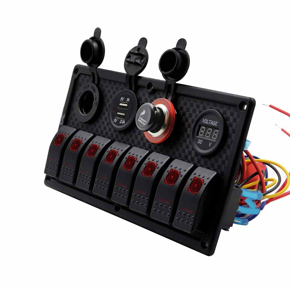 8 Position Rocker Switch Panel with Dual USB Ports Voltage Meter Cigarette Lighter for Vehicle Modification Blue Light