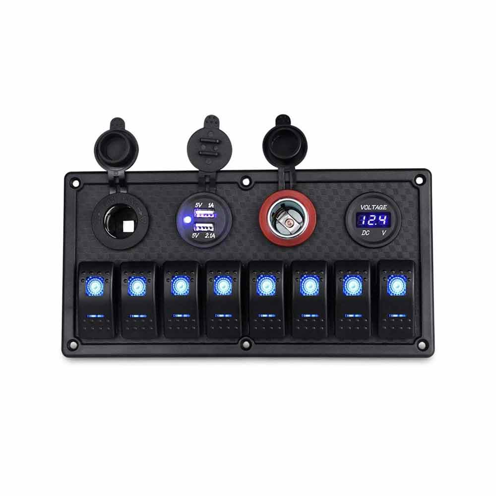 8 Switch Combination Control Panel for Cars Caravans Yachts with Dual USB Ports Digital Voltage Display Car Lighter Socket Blue Illumination