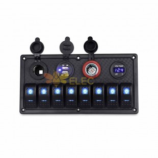 Panel de control combinado de 8 interruptores para automóviles Caravanas Yates con puertos USB duales Pantalla de voltaje digital Enchufe para encendedor de automóvil Iluminación azul