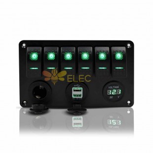 Car RV Truck Switch Panel 6 Way RV Electrical Panel Voltmeter Dual USB Green LED