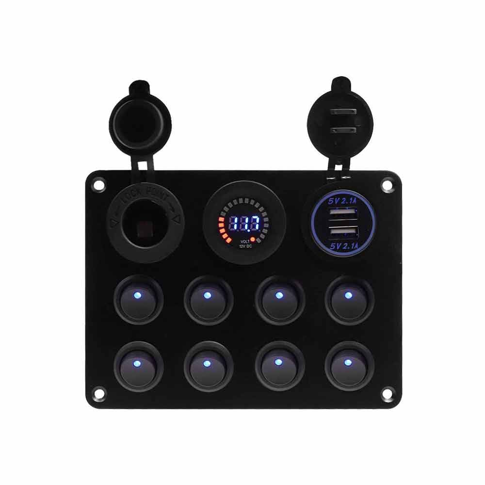 Caravan Yacht Car Switch Panel Modification with 8 Cat Eye Rocker Switches Dual USB Ports Digital Voltage Display Color Screen Blue Illumination