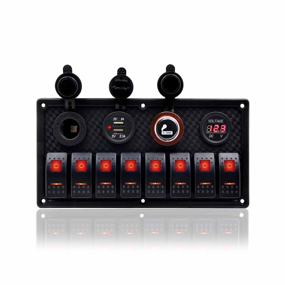 Combination Control Panel with 8 Switches for Cars Caravans Yachts Digital Voltage Display Dual USB Ports Car Lighter Socket Red Illumination