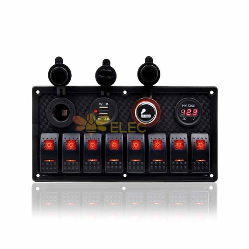 Combination Control Panel with 8 Switches for Cars Caravans Yachts Digital Voltage Display Dual USB Ports Car Lighter Socket Red Illumination