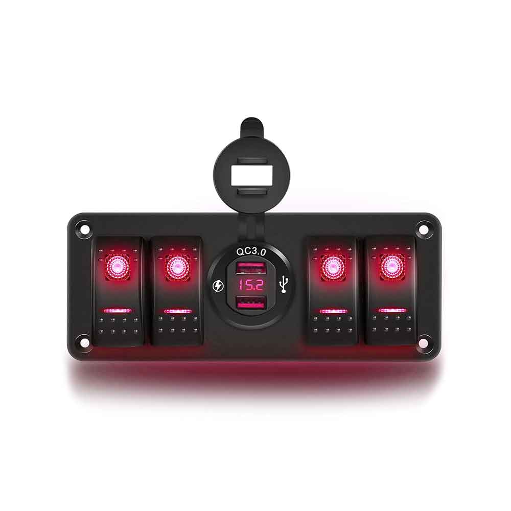 Panel de interruptor basculante de barco personalizado con cargador USB, voltímetro, interruptor basculante impermeable de 4 posiciones, luz roja de doble LED