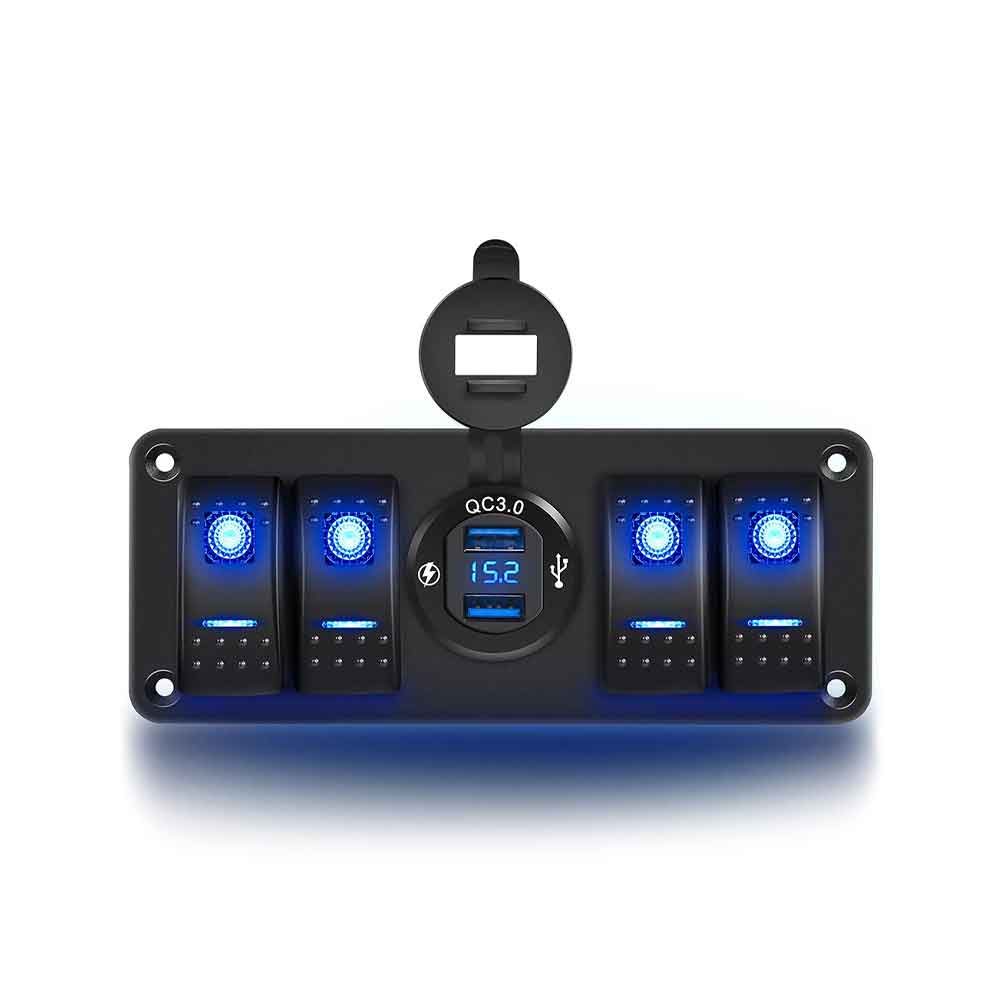 Panel de interruptor basculante de inclinación modificado, cargador USB, voltímetro, interruptor basculante de barco de 4 posiciones, luz LED doble para marina, luz azul