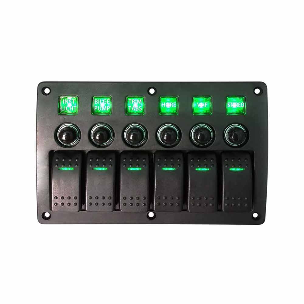 Panel de interruptor basculante, protección contra sobrecarga de 6 bandas, panel eléctrico para vehículo, barco, RV, 12-24V, verde
