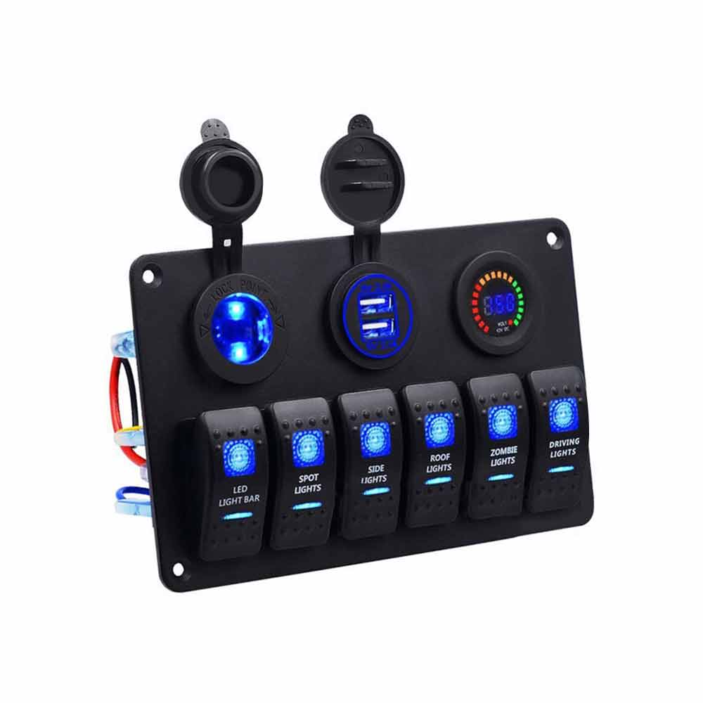Panel de interruptor basculante, voltímetro USB Dual multifunción de 6 vías, puerto USB Dual DC12V/24V para RV, coche, barco, yate, luz LED azul