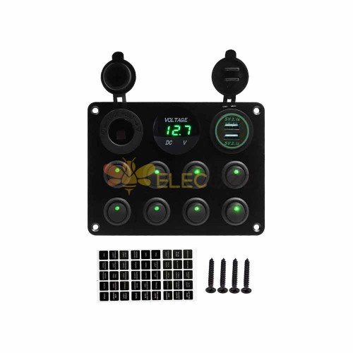Universal Car Boat Switch Panel with 8 Key Cat Eye Rocker Switches Dual USB Voltage Display 12 24V Cigarette Lighter Green Light
