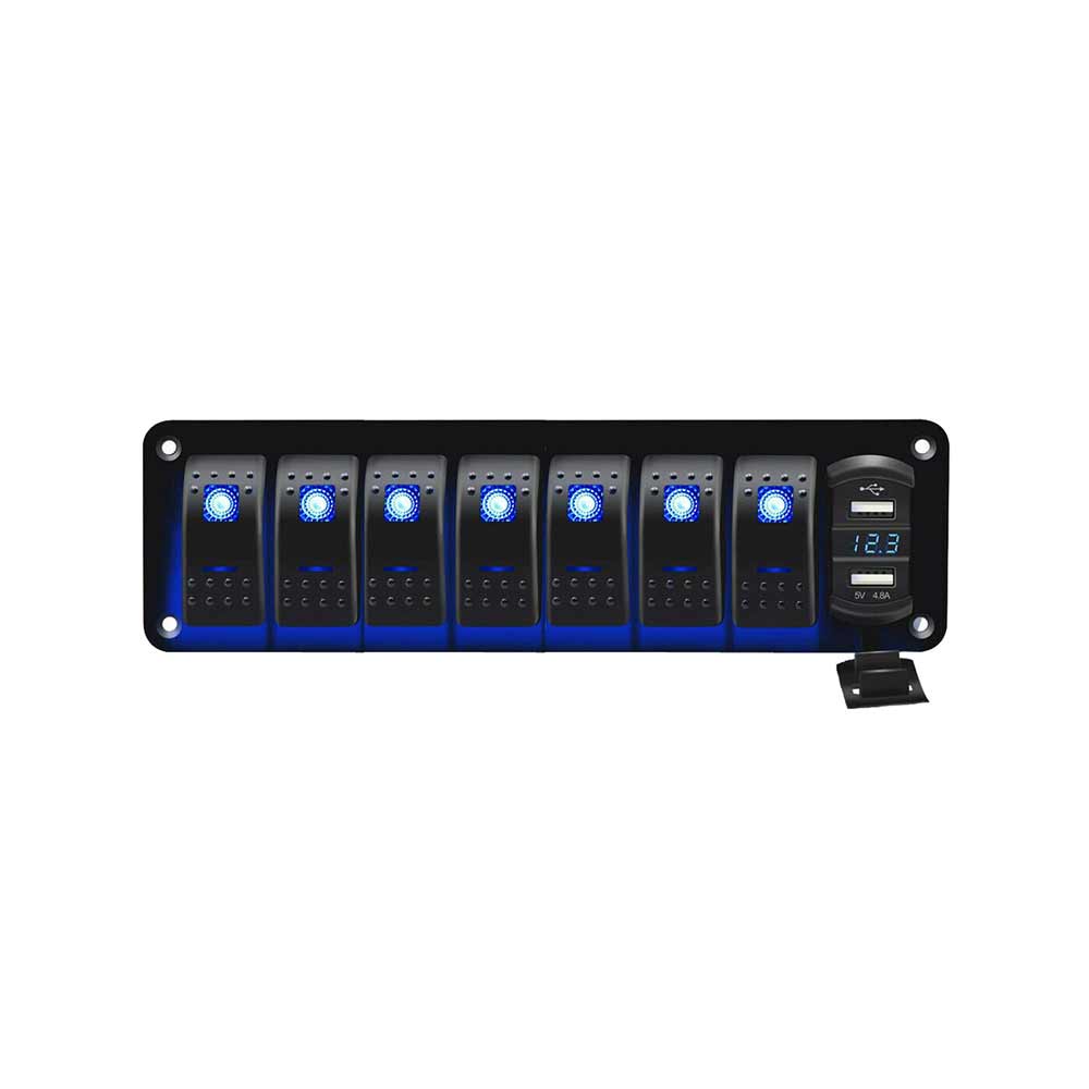 Panel De Interruptor De Coche De Barco Universal A Prueba De Agua De 7 Posiciones Con Interruptores Combinados Pantalla De Voltaje USB Dual De 5 Pines 4.8A - Luz Azul