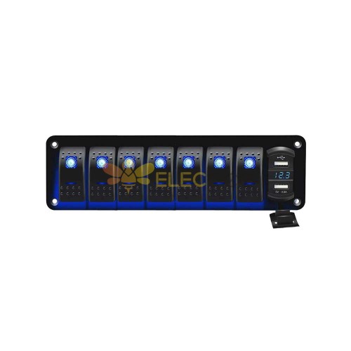 Panel De Interruptor De Coche De Barco Universal A Prueba De Agua De 7 Posiciones Con Interruptores Combinados Pantalla De Voltaje USB Dual De 5 Pines 4.8A - Luz Azul