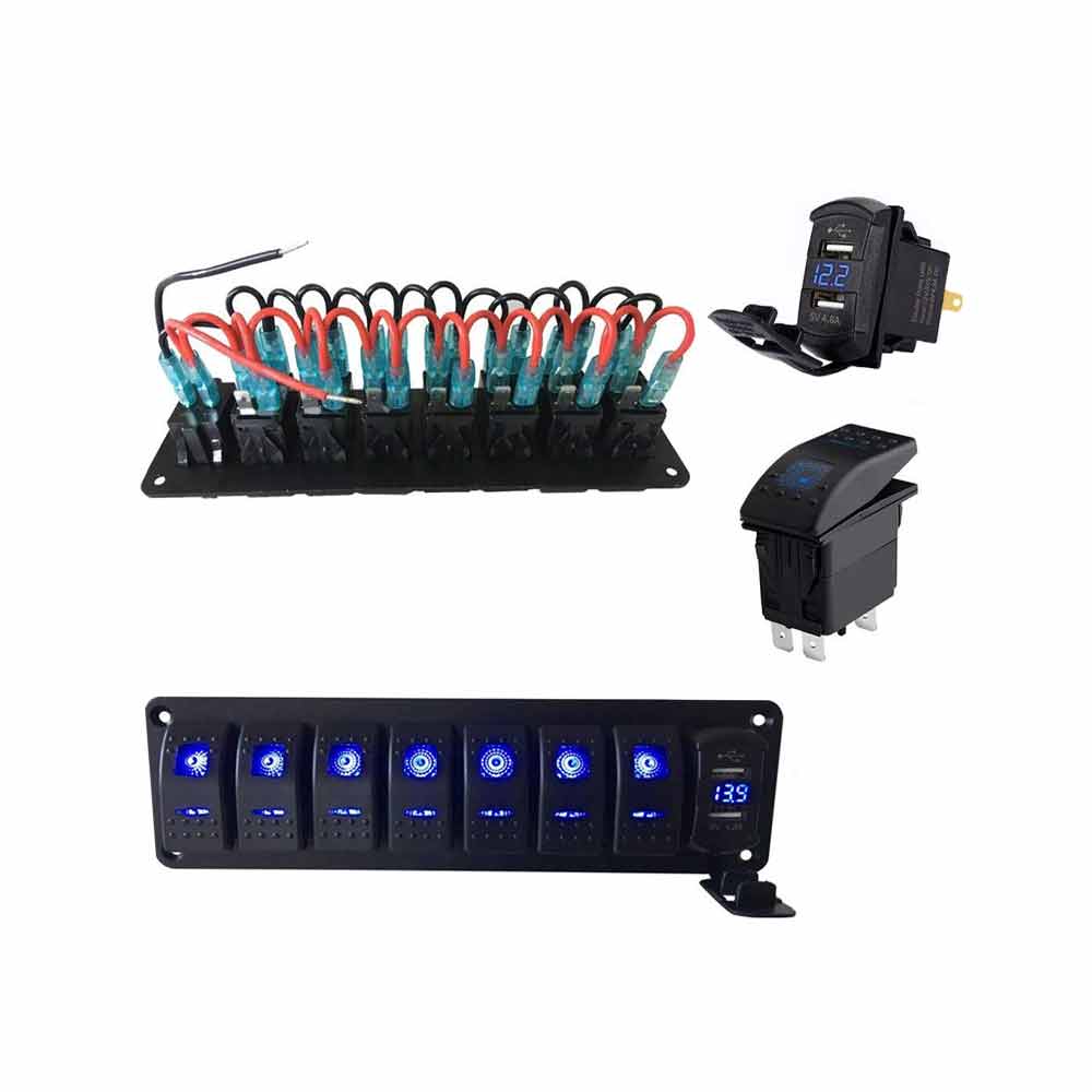 Panel De Interruptor De Coche De Barco Universal A Prueba De Agua De 7 Posiciones Con Interruptores Combinados Pantalla De Voltaje USB Dual De 5 Pines 4.8A - Luz Azul