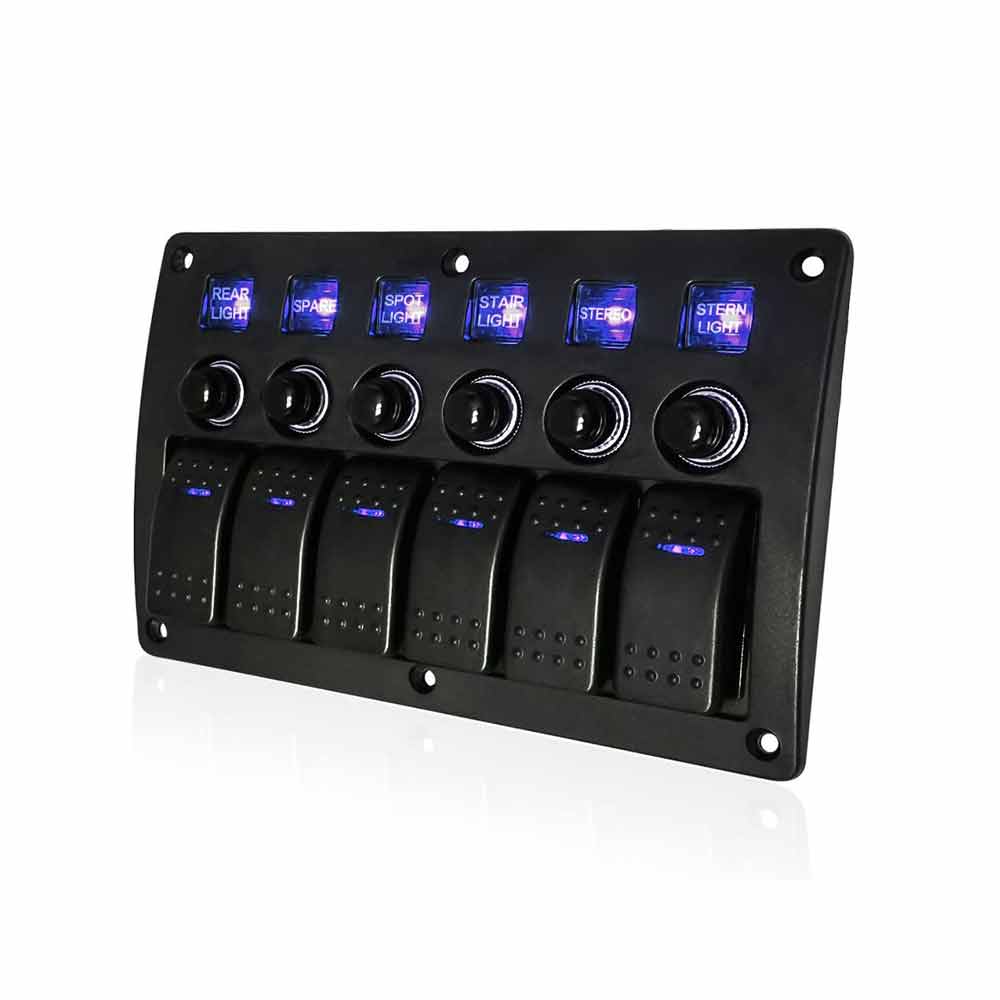 Vehicle RV Electrical Panel 6 Gang Boat Rocker Switch Panel Overload Protection 12-24V -Blue