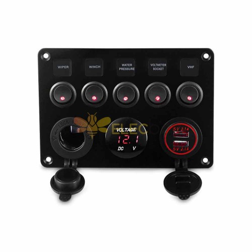 Interruptor combinado impermeable de 5 teclas con medidor de voltaje USB dual, panel de control de encendedor de cigarrillos, luz roja de 12-24V